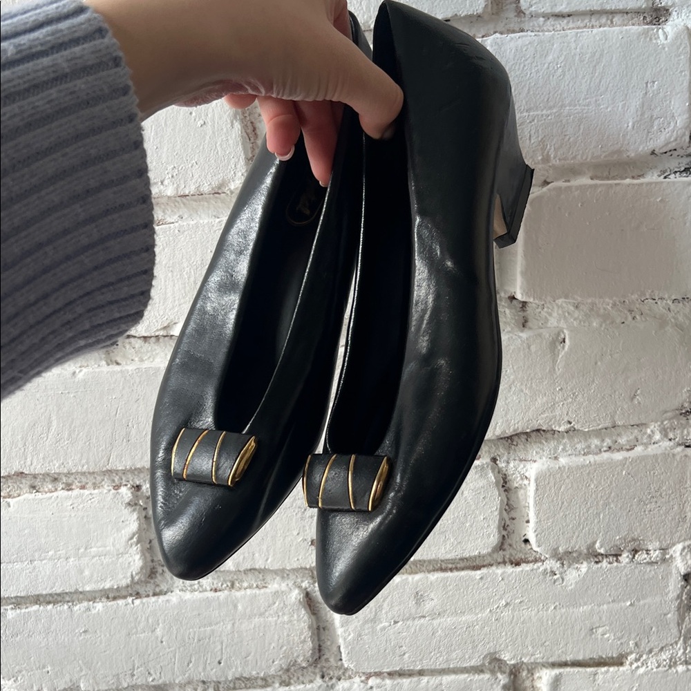 Vintage Black Leather Pointed Toe Flats with Gold Accent